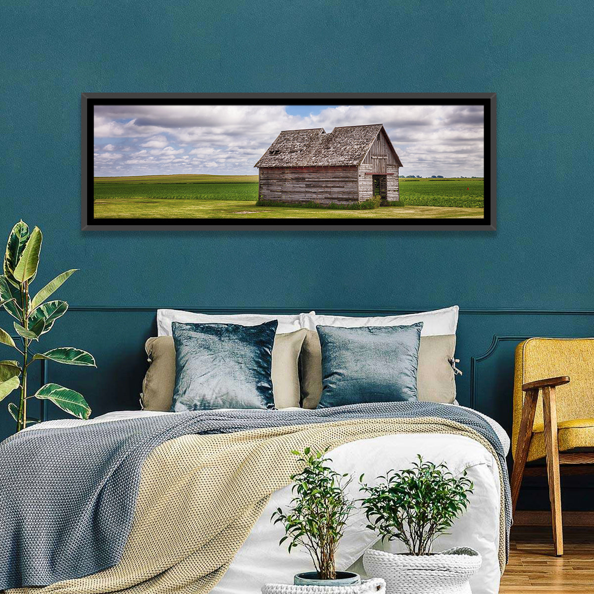 Old Farm Shed in Field Wall Art in a room, panoramic