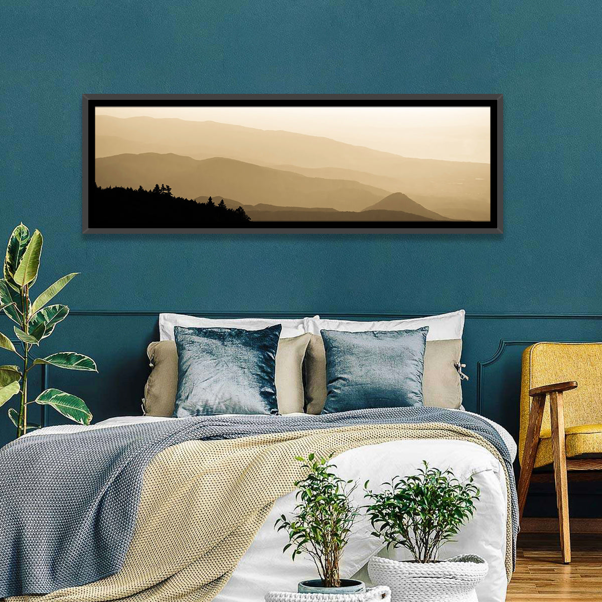 Foggy Mountain Sunset with Evergreen Silhouettes Wall Art