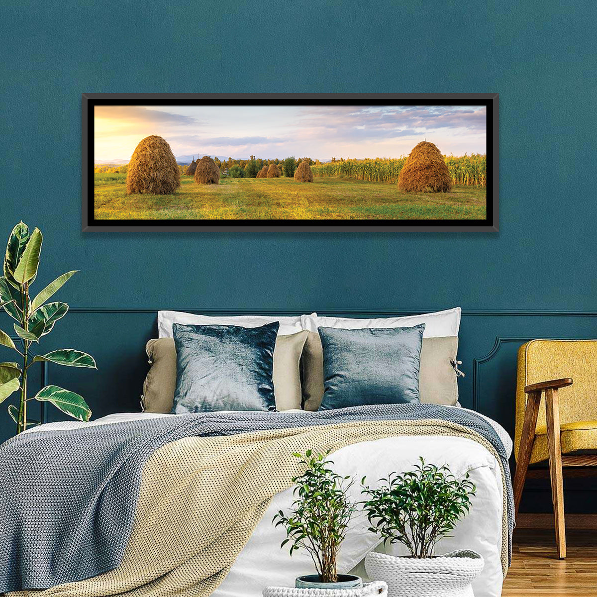 Haystacks at Sunset Fieldscape Wall Art in a room, panoramic