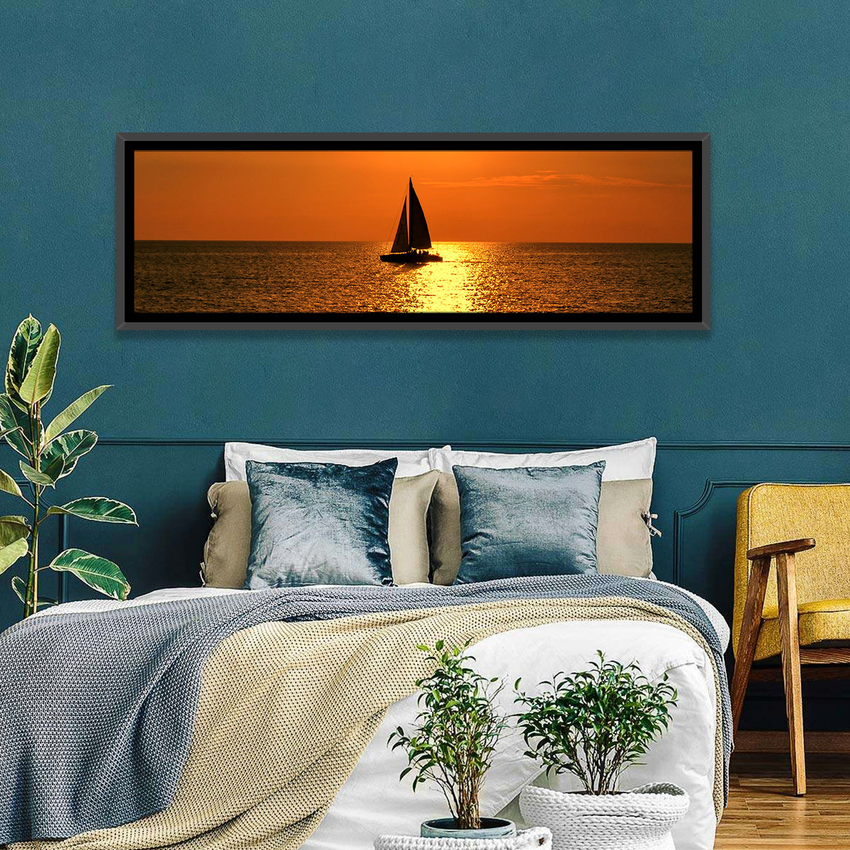 Sailboat Silhouette at Golden Sunset Wall Art