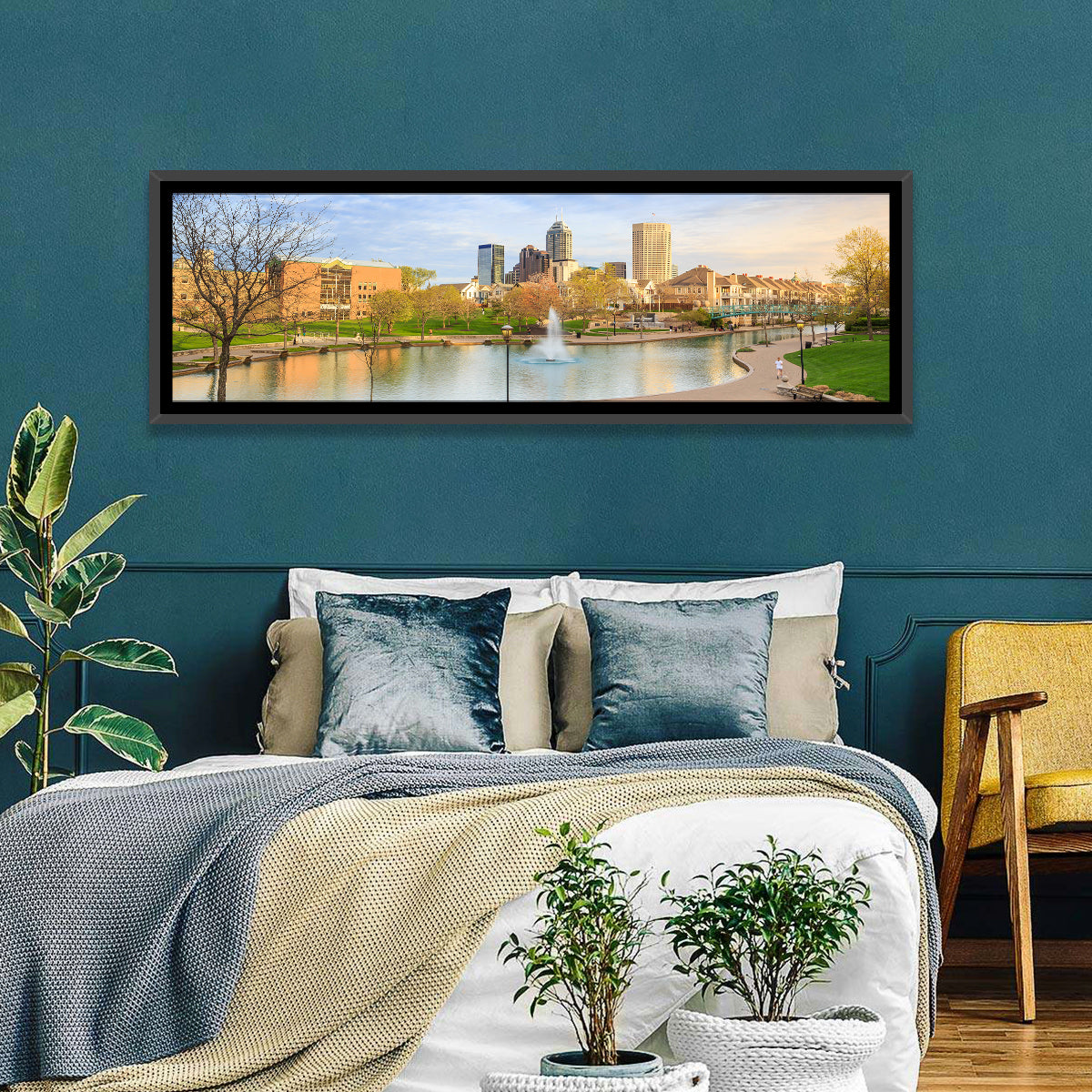 Indianapolis Central Canal Skyline Wall Art in a room, panoramic