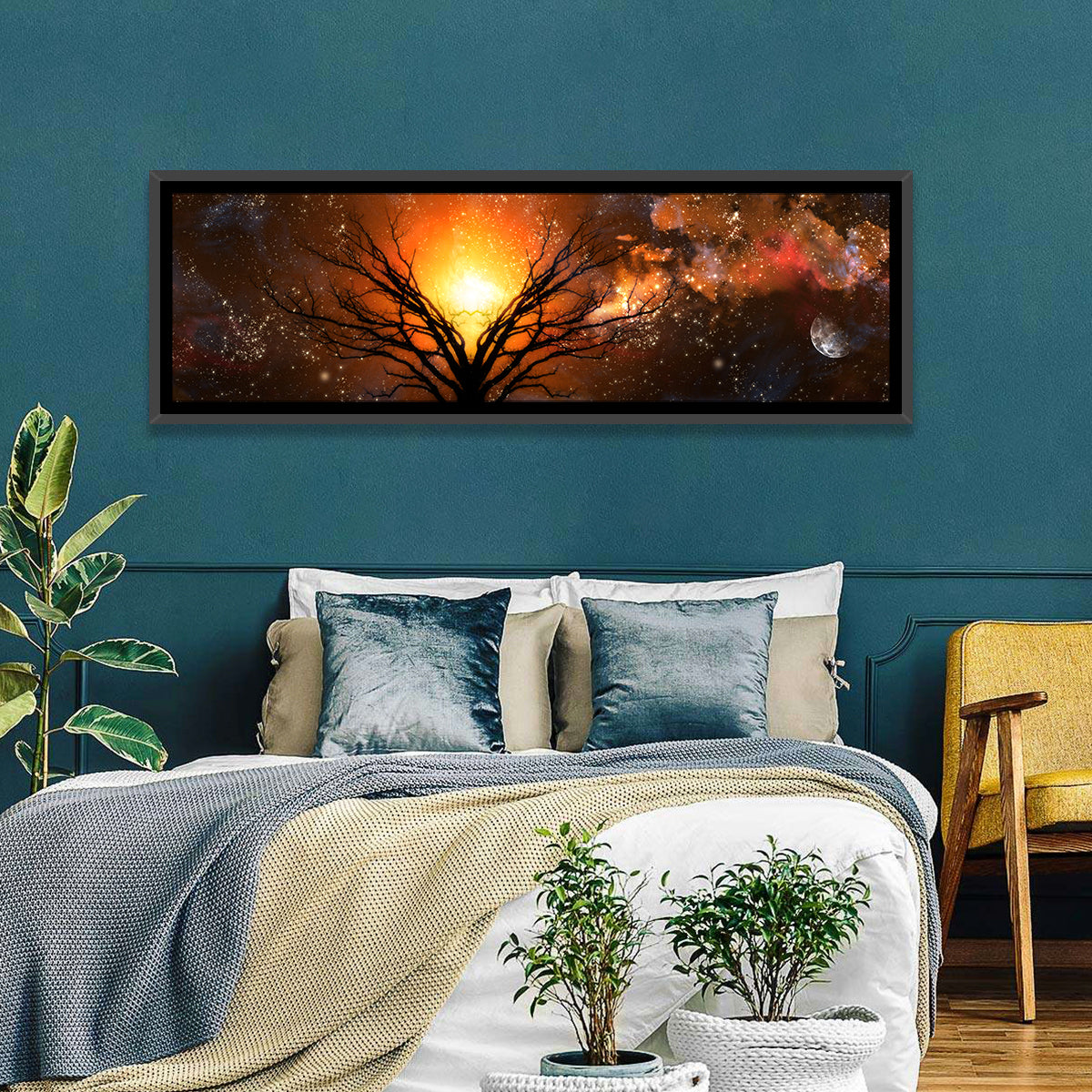 Haunted Tree Under Nebula Wall Art in a room, panoramic
