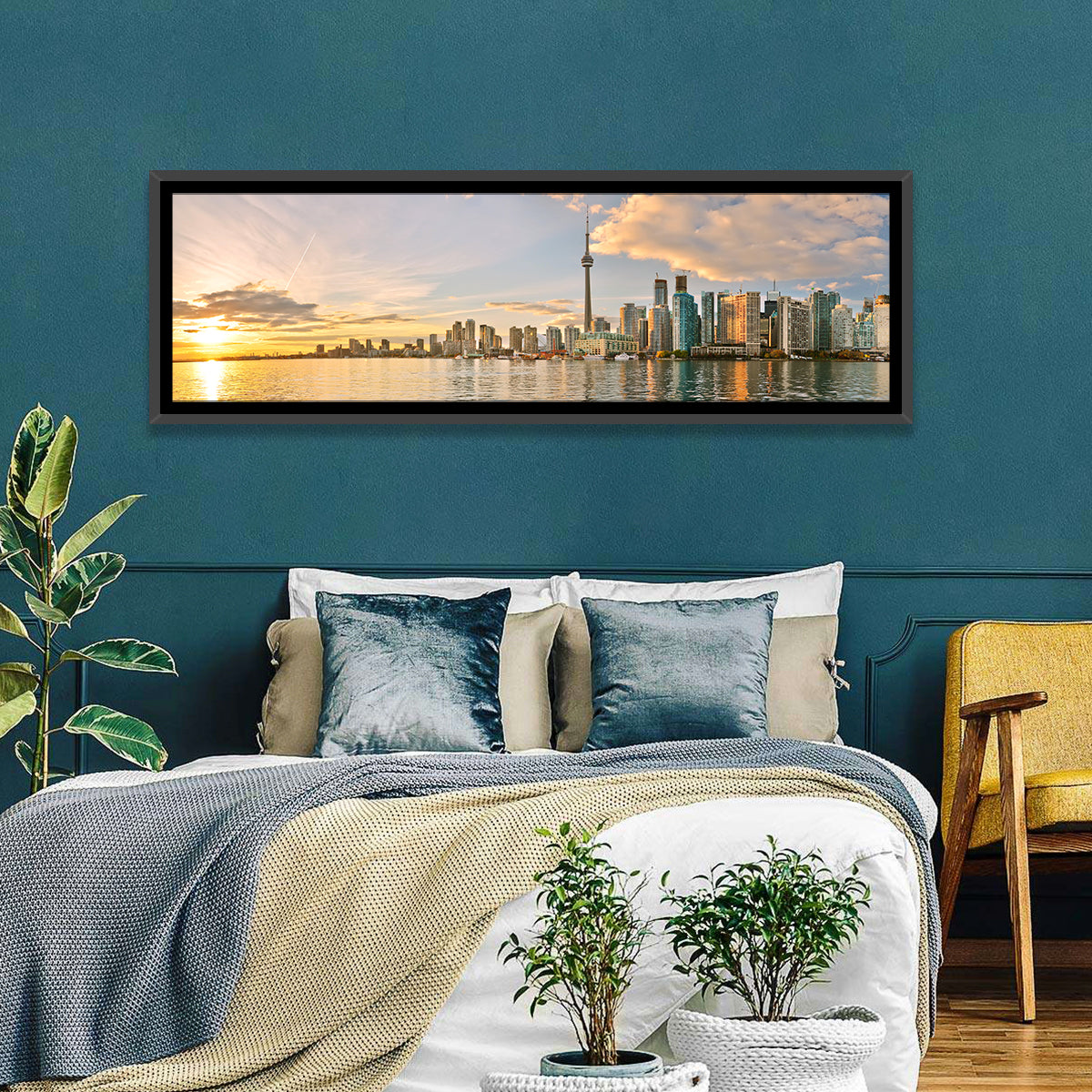 Toronto Golden Hour Skyline Wall Art in a room, panoramic
