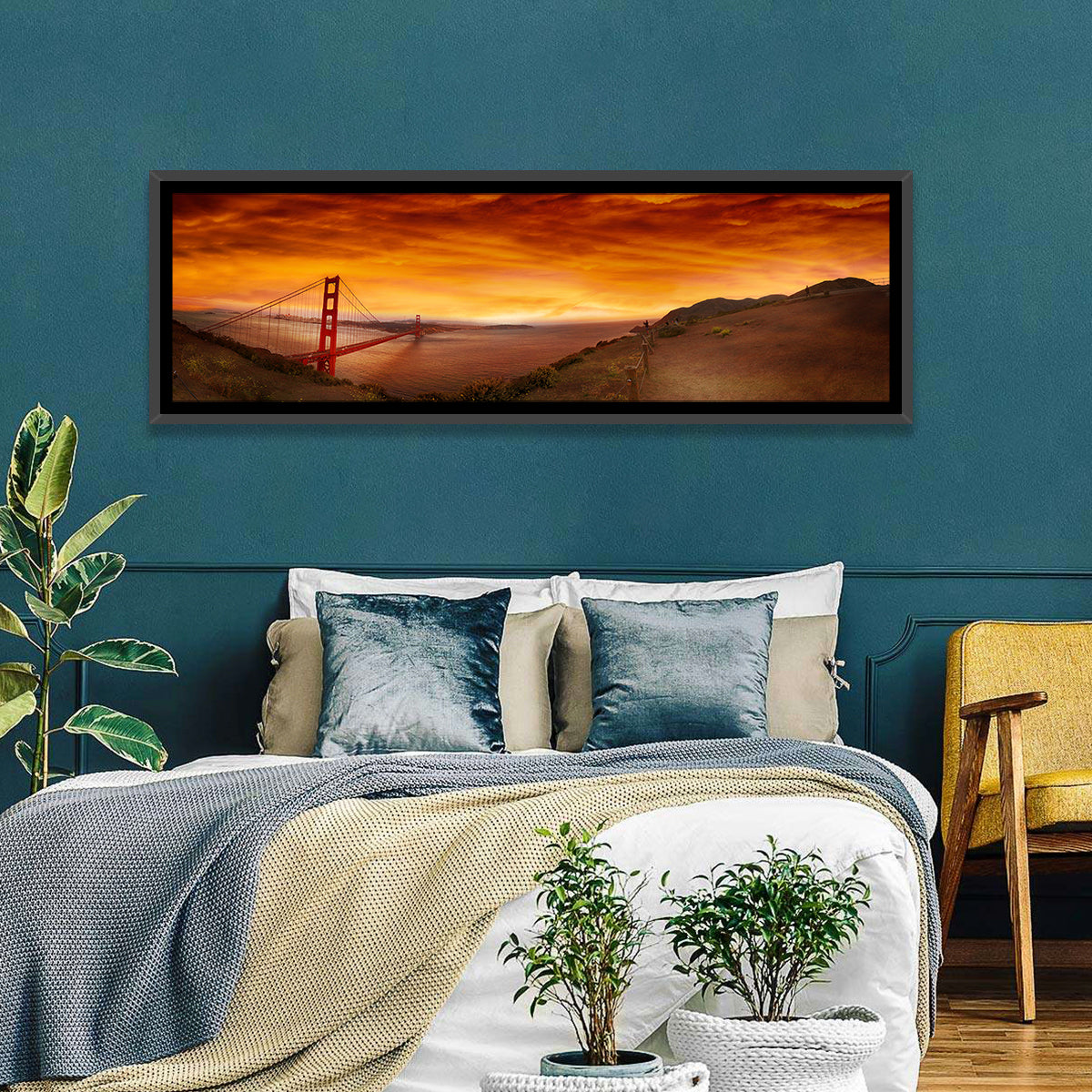 Golden Gate Bridge at Sunset Wall Art in a room, panoramic
