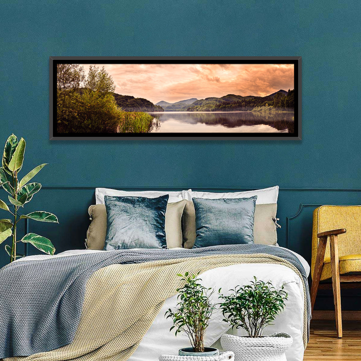 Cloudy Lake at Golden Hour Wall Art in a room, panoramic