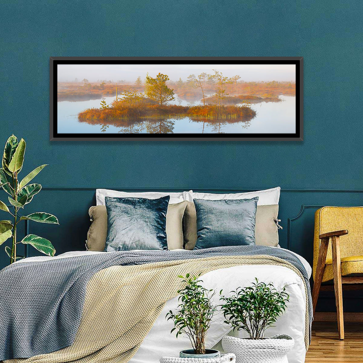 Yelnya Swamp Reflection Wall Art in a room, panoramic