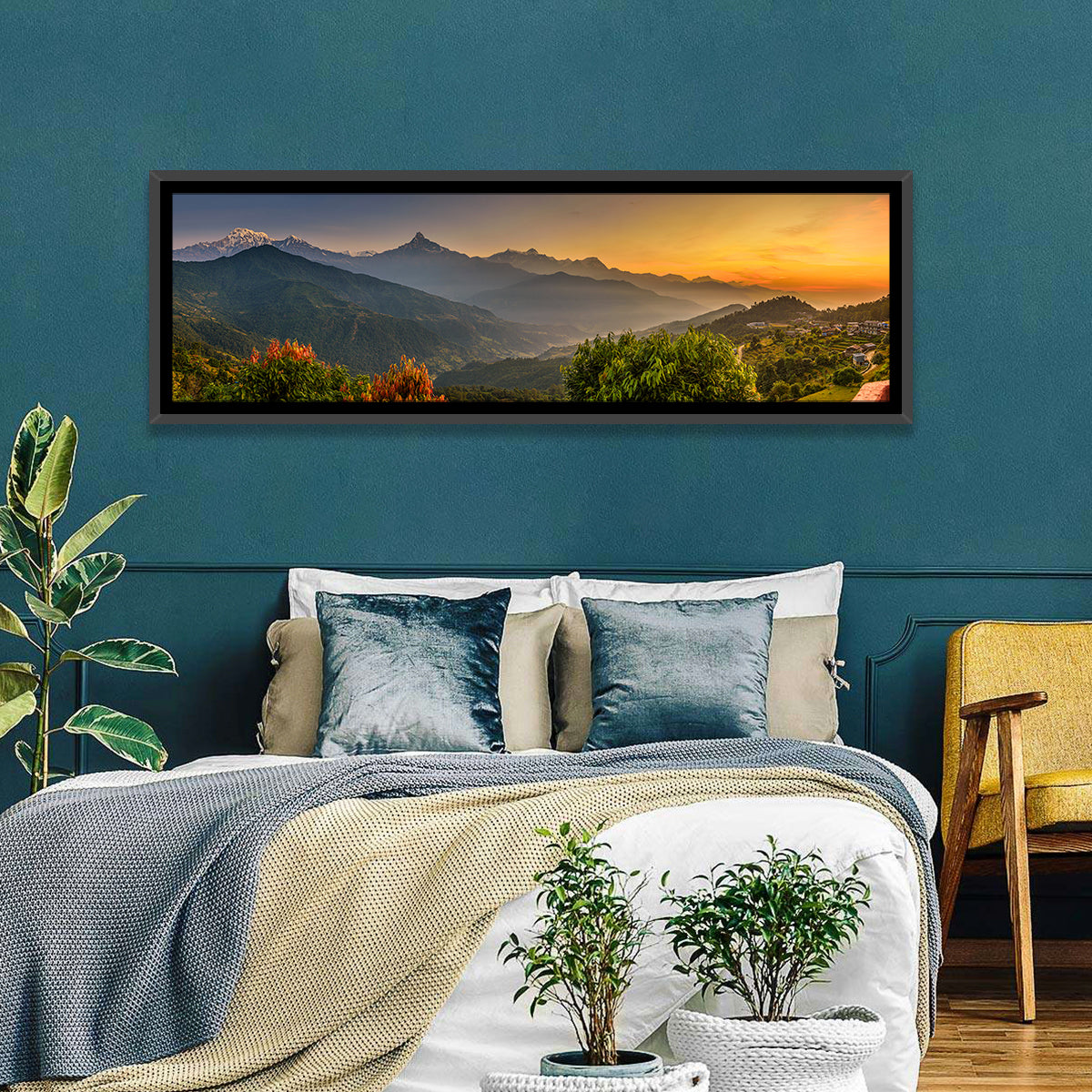 Annapurna Sunrise Over Pokhara Wall Art in a room, panoramic