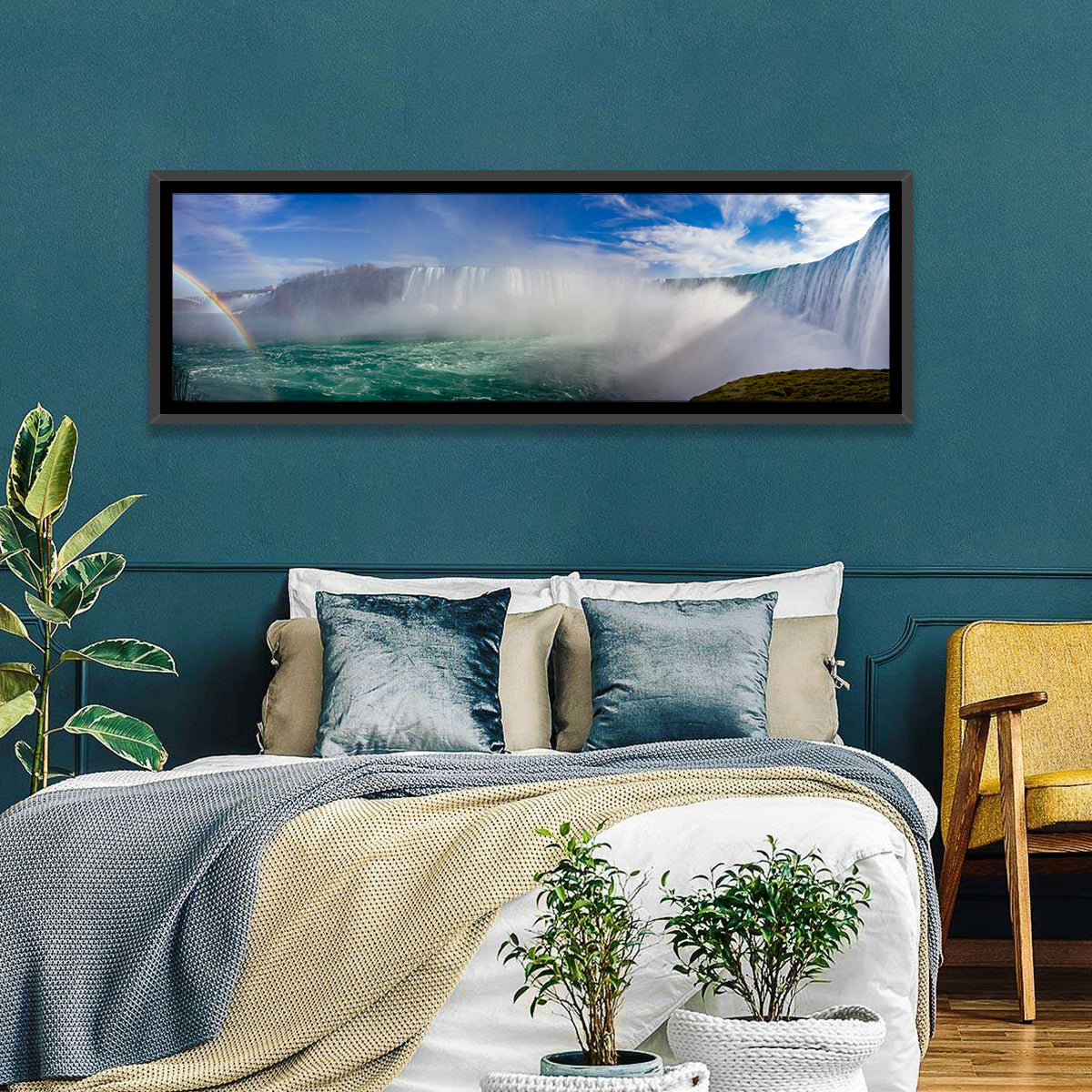 Horseshoe Falls Rainbow View Wall Art in a room, panoramic