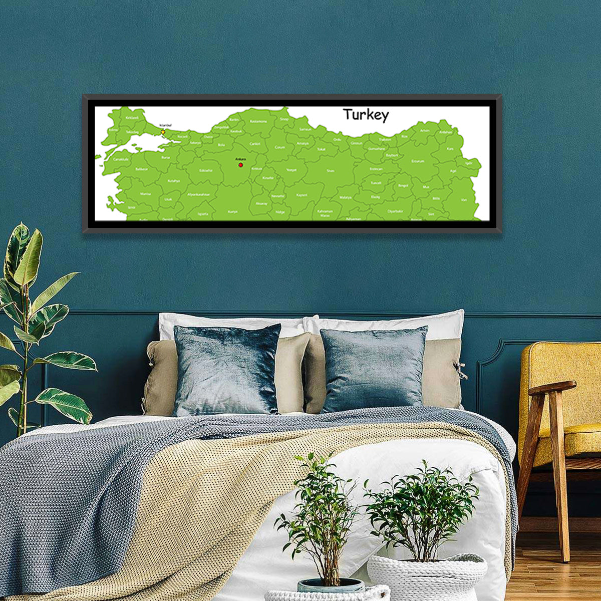 Turkey Map with Province Labels Wall Art in a room, panoramic