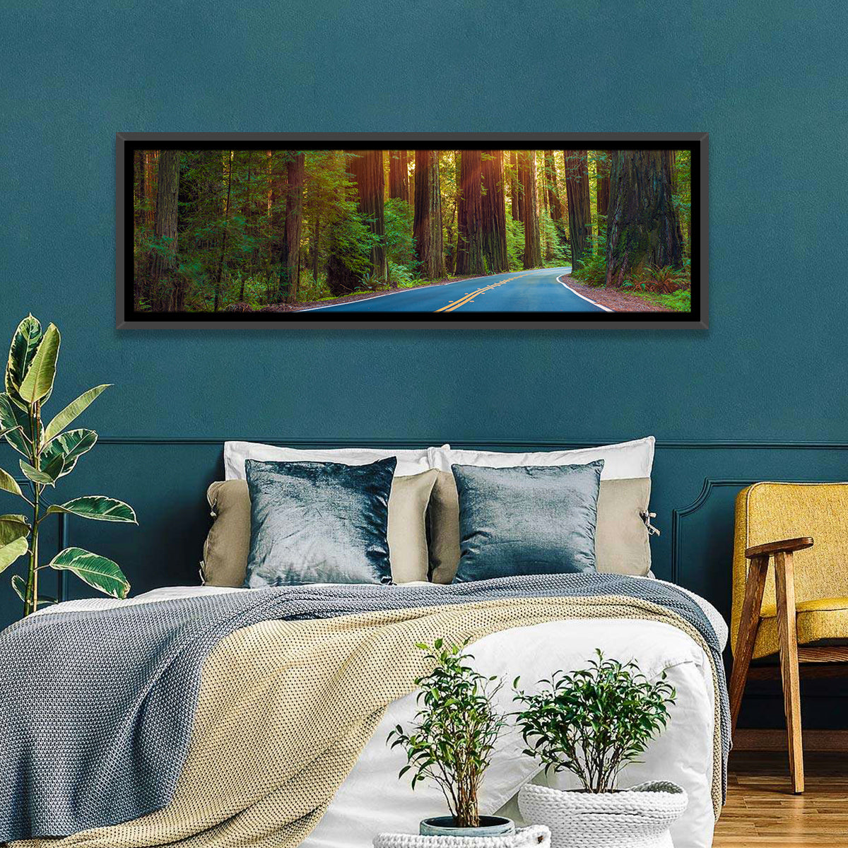 Sunlit Redwood Highway Wall Art in a room, panoramic