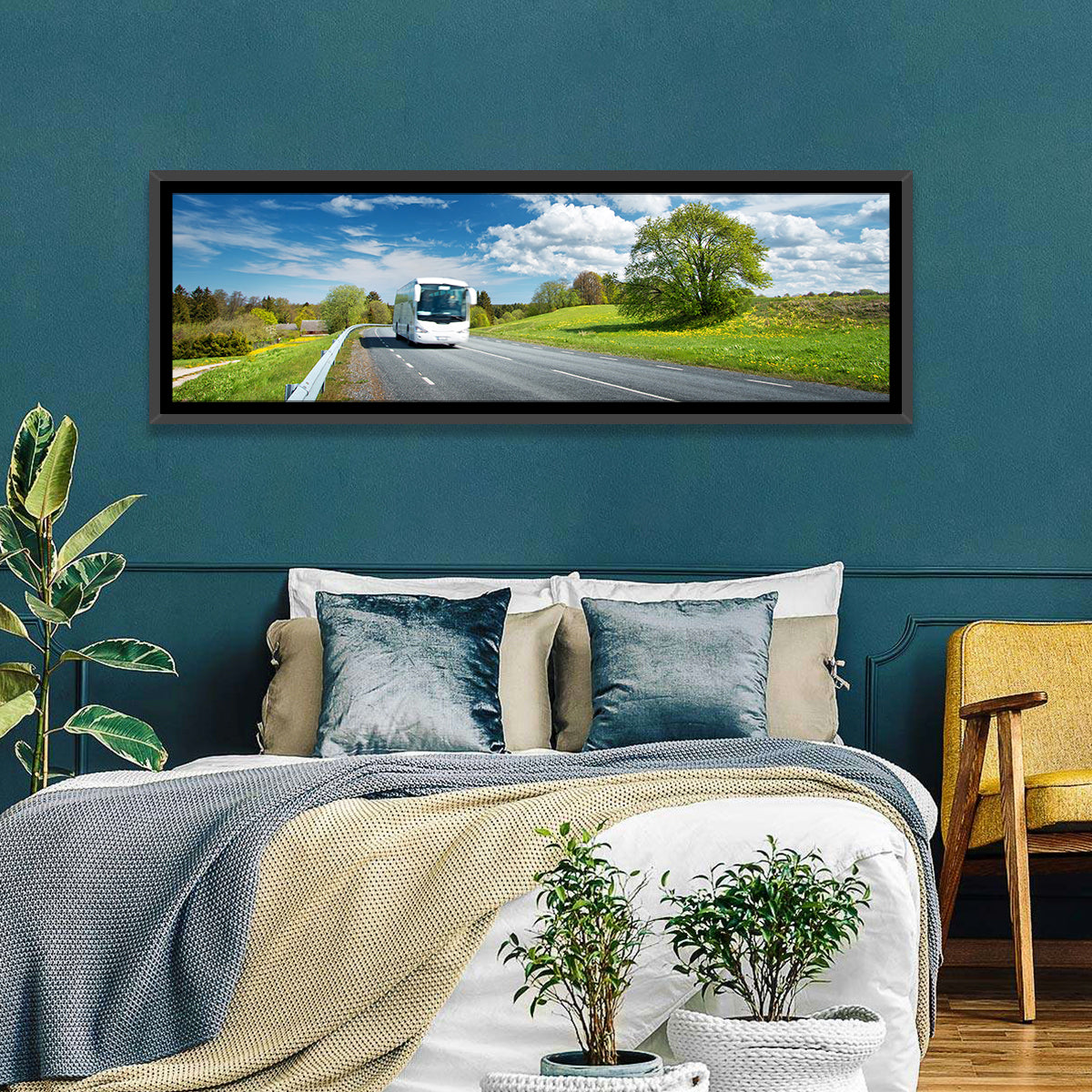 White Bus on Meadow Road Wall Art