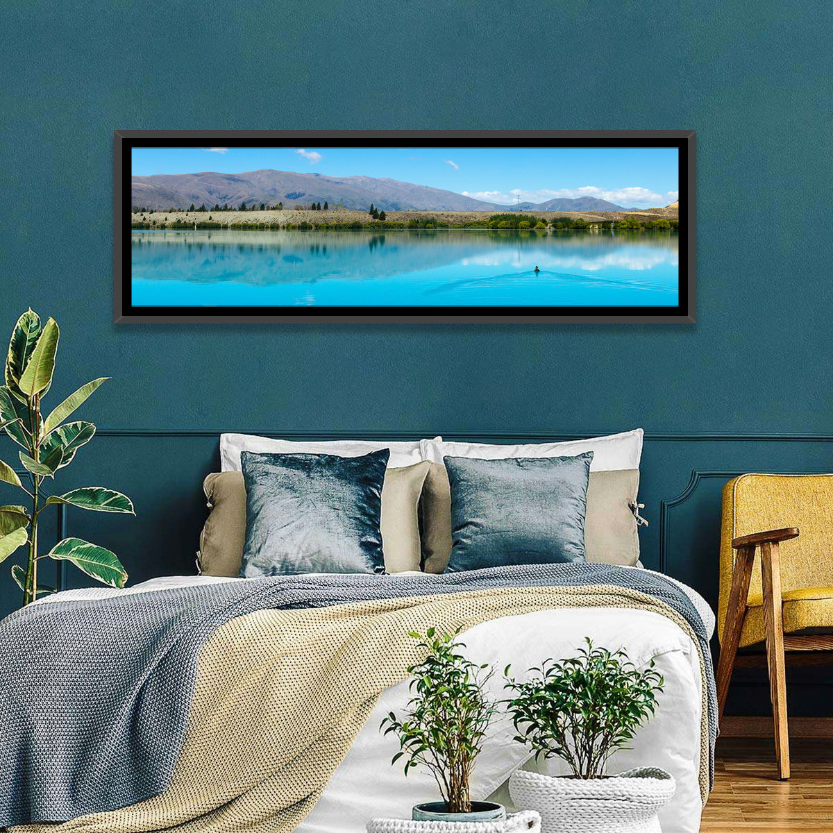 Lake Ruataniwha Reflection Wall Art in a room, panoramic