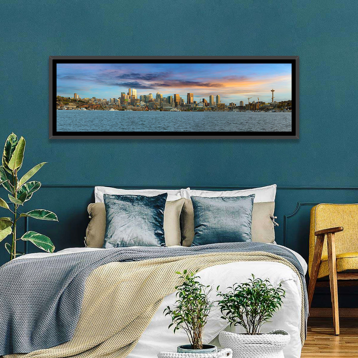 Seattle Skyline at Dusk Wall Art in a room, panoramic