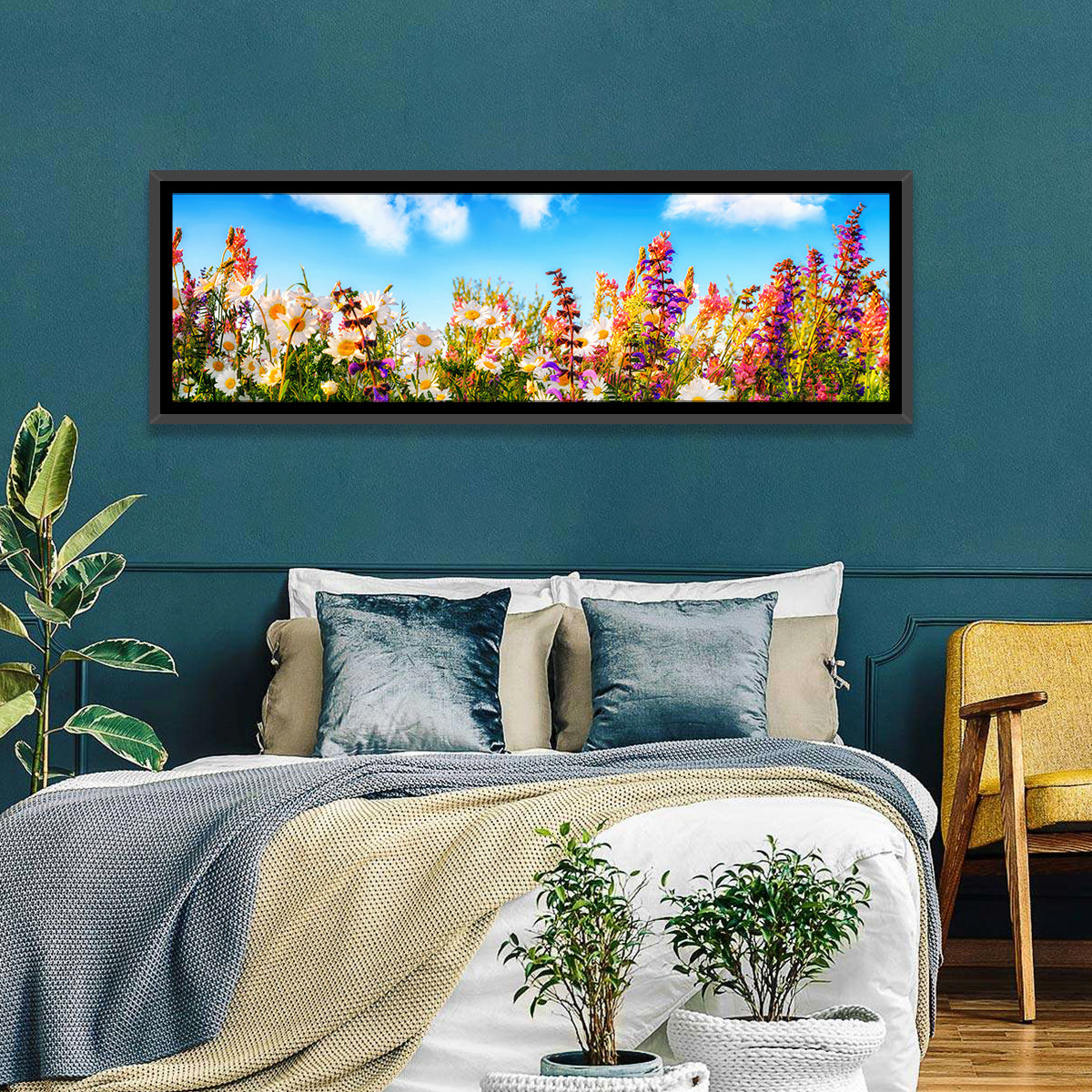 Spring Meadow Wildflowers Wall Art in a room, panoramic