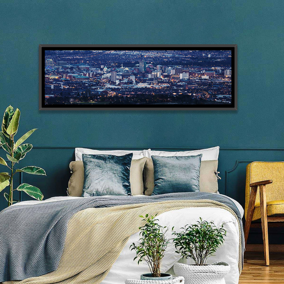 Belfast Blue Hour Skyline Wall Art in a room, panoramic