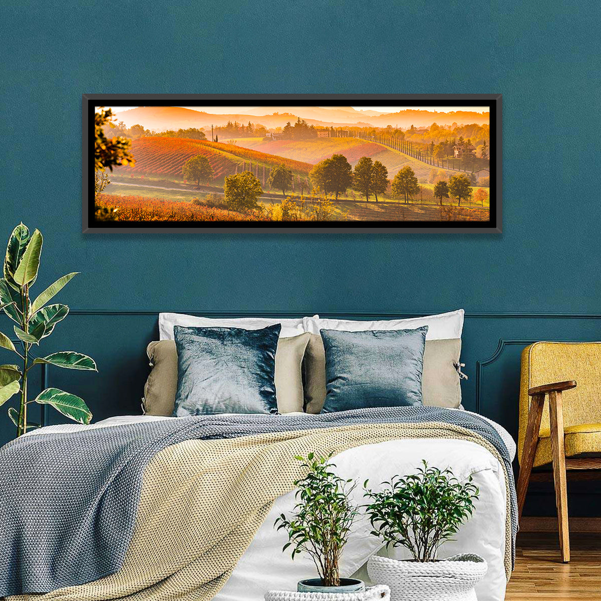 Golden Hour Vineyard Hills Wall Art in a room, panoramic