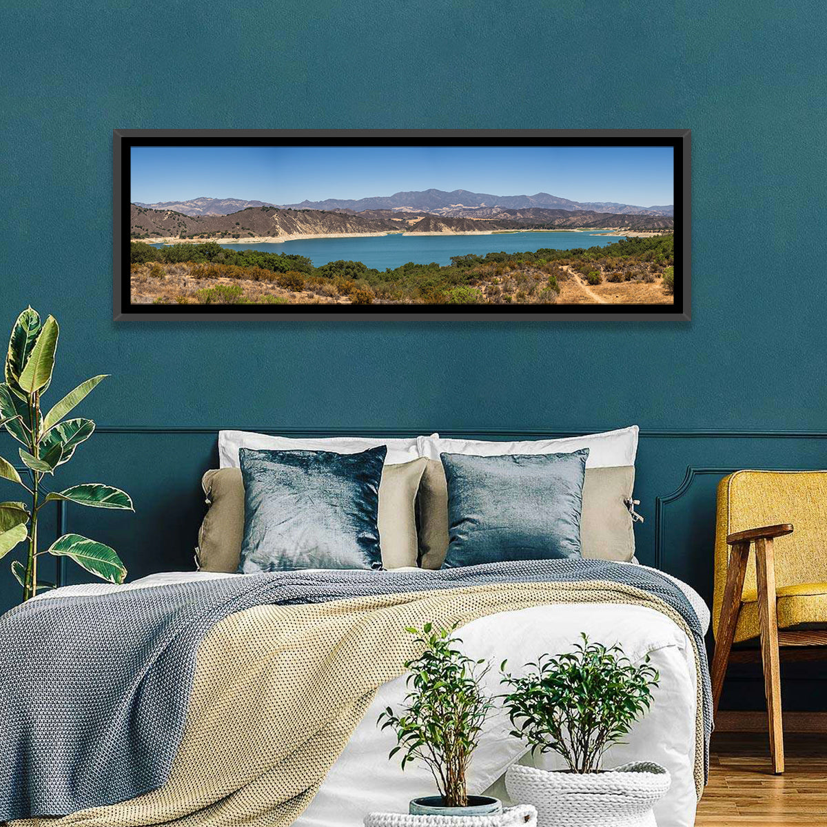 Lake Cachuma Wall Art in a room, panoramic