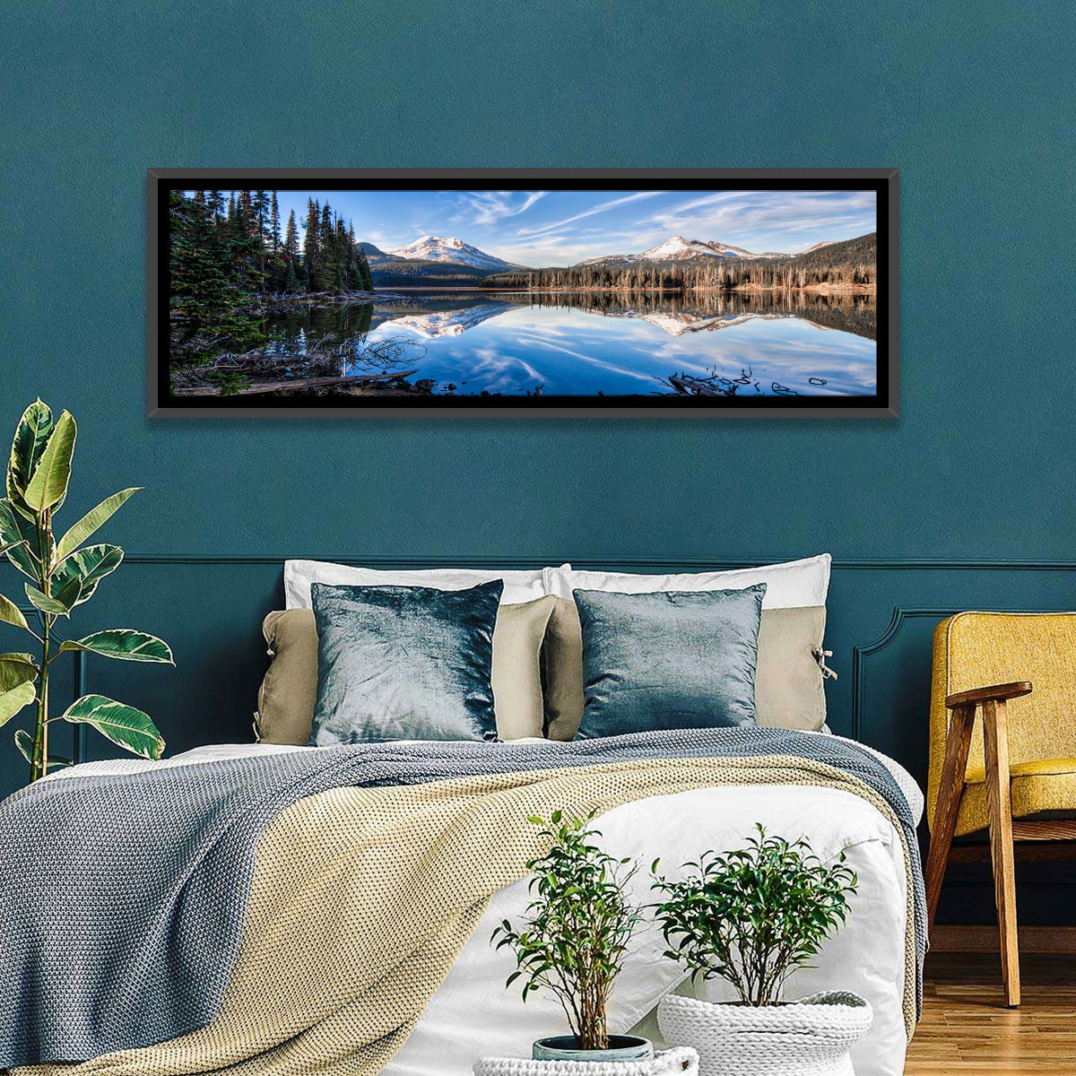 Sparks Lake Reflection Wall Art in a room, panoramic