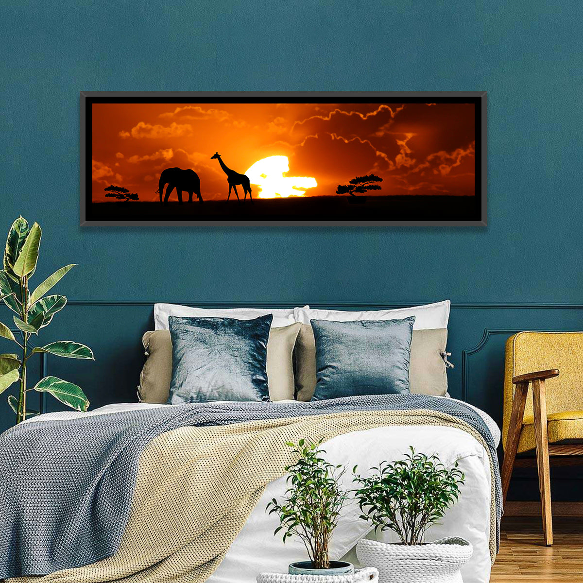 Safari Sunset Silhouettes Wall Art in a room, panoramic