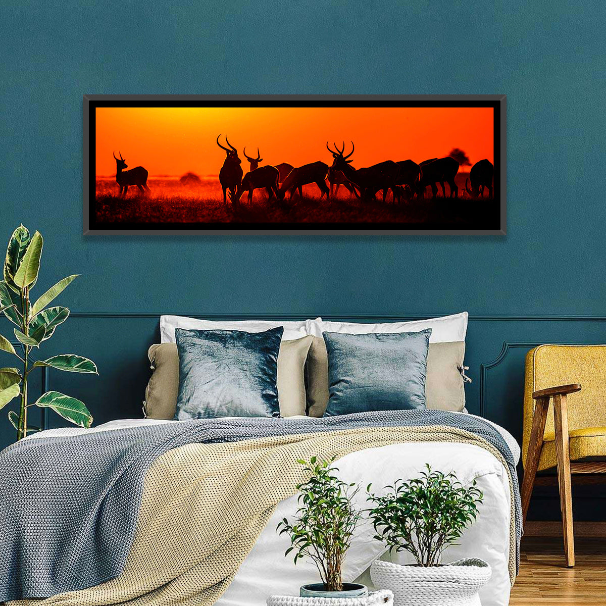 Antelope Herd at Sunset Wall Art in a room, panoramic