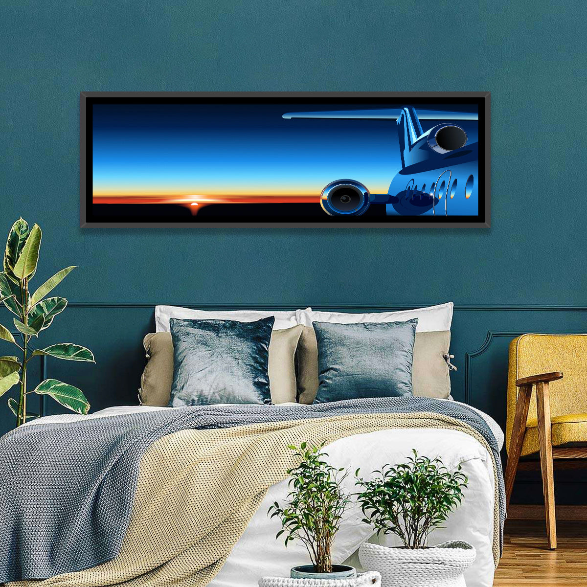 Private Jet Sunrise Wall Art in a room, panoramic