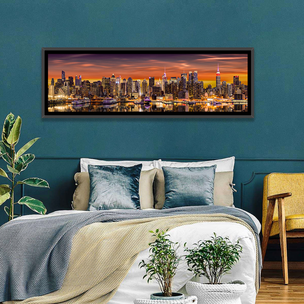 Midtown Manhattan Skyline Wall Art in a room, panoramic