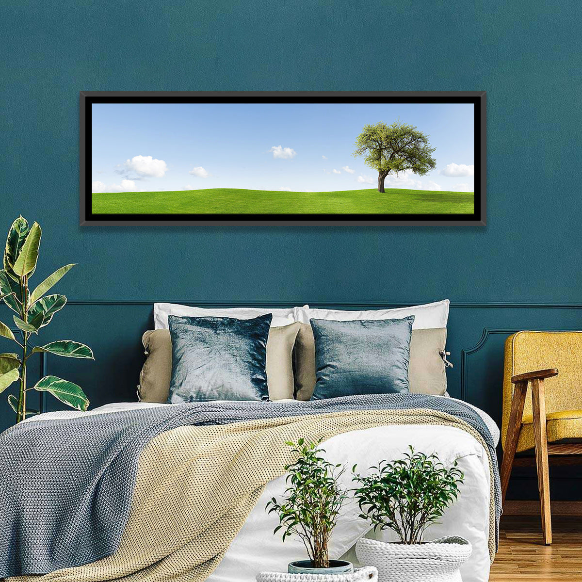 Lone Tree on Green Hill Wall Art in a room, panoramic