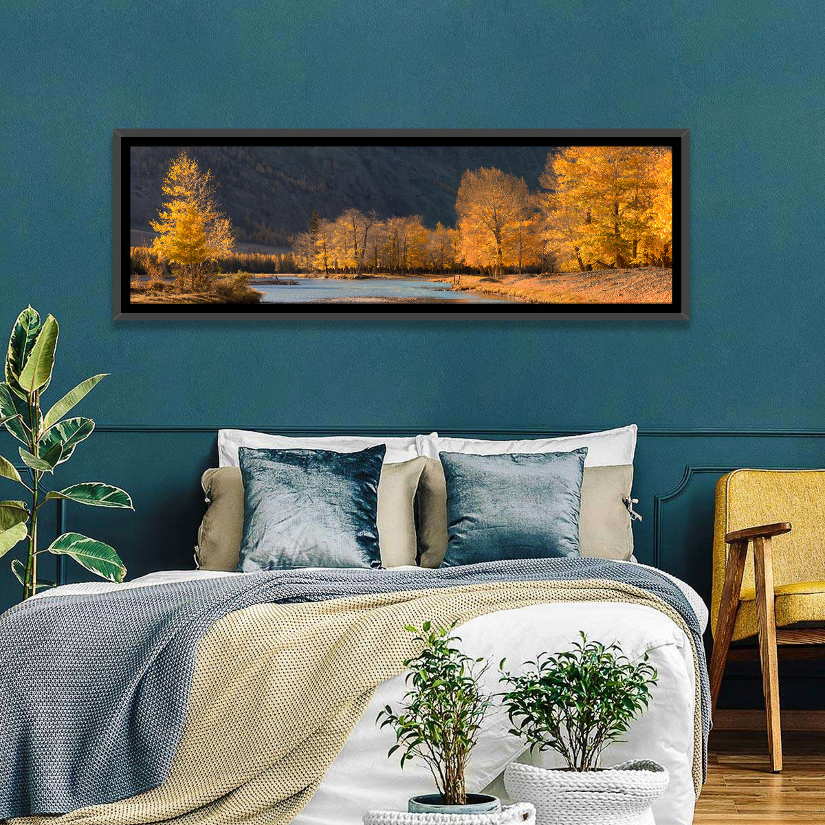 Autumn River Through Golden Forest Wall Art in a room, panoramic