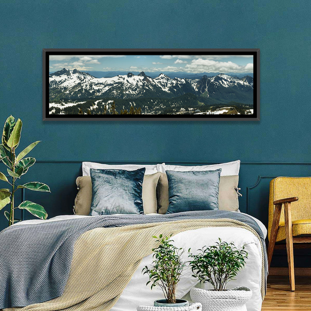 Mount Adams Snow Peaks Wall Art in a room, panoramic
