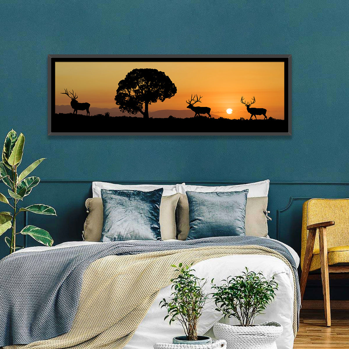 Bull Elk Sunset Silhouette Wall Art in a room, panoramic