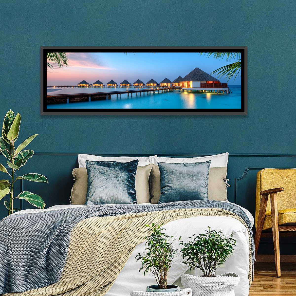 Overwater Bungalows at Twilight Wall Art in a room, panoramic