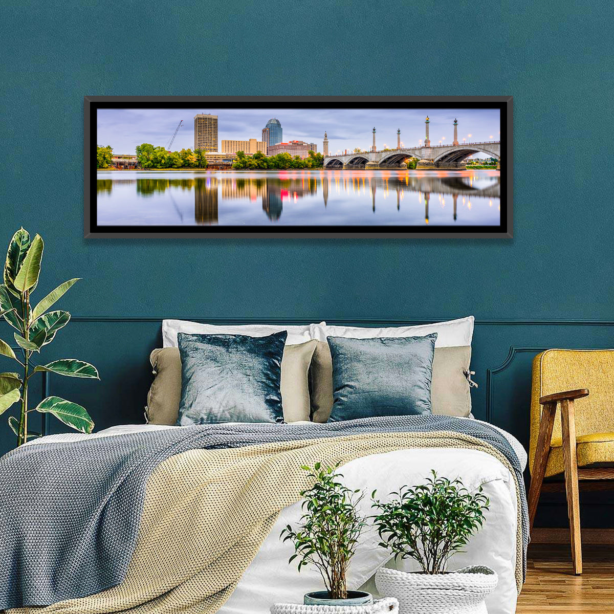 Springfield Memorial Bridge Skyline Wall Art in a room, panoramic