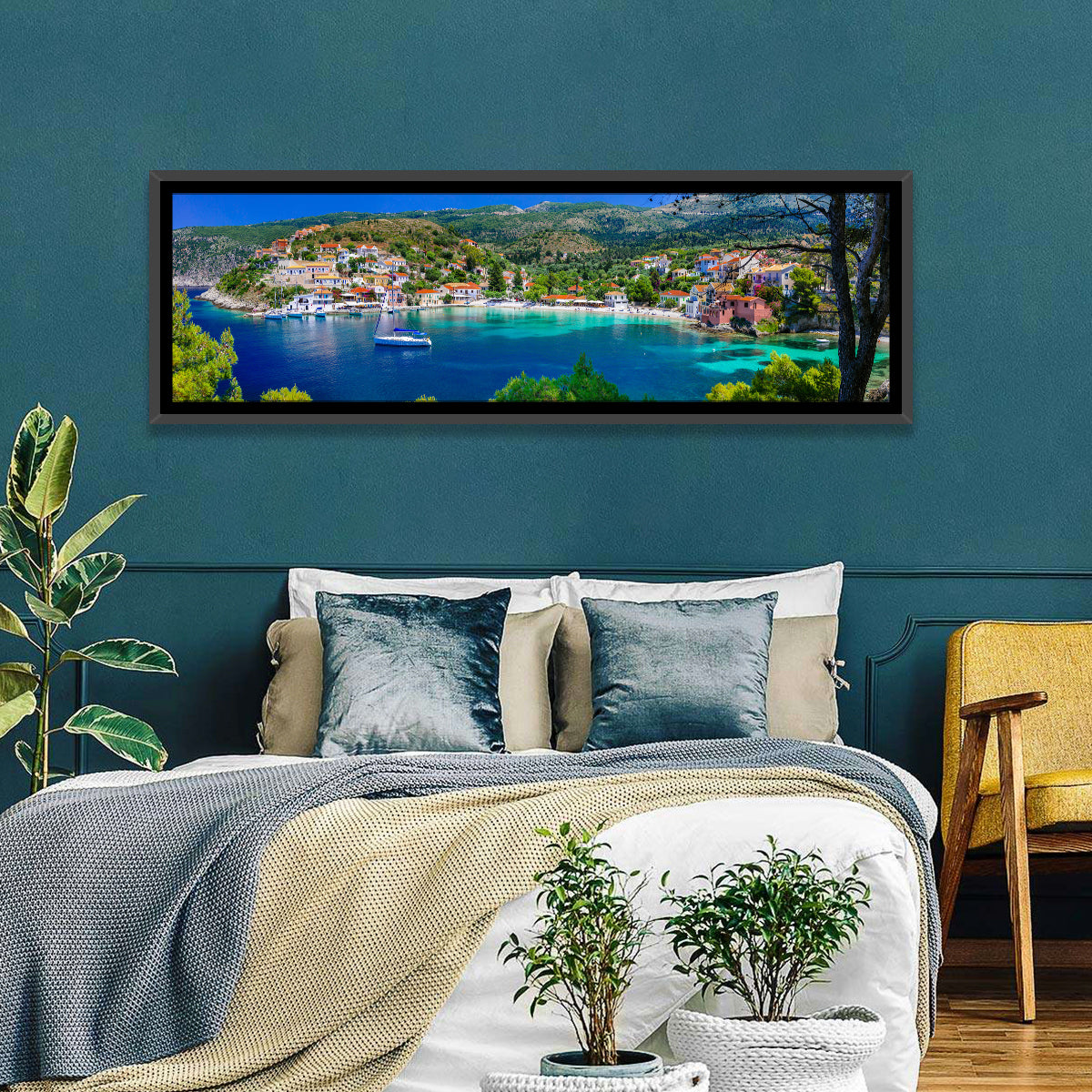 Assos Village Harbor View Wall Art in a room, panoramic