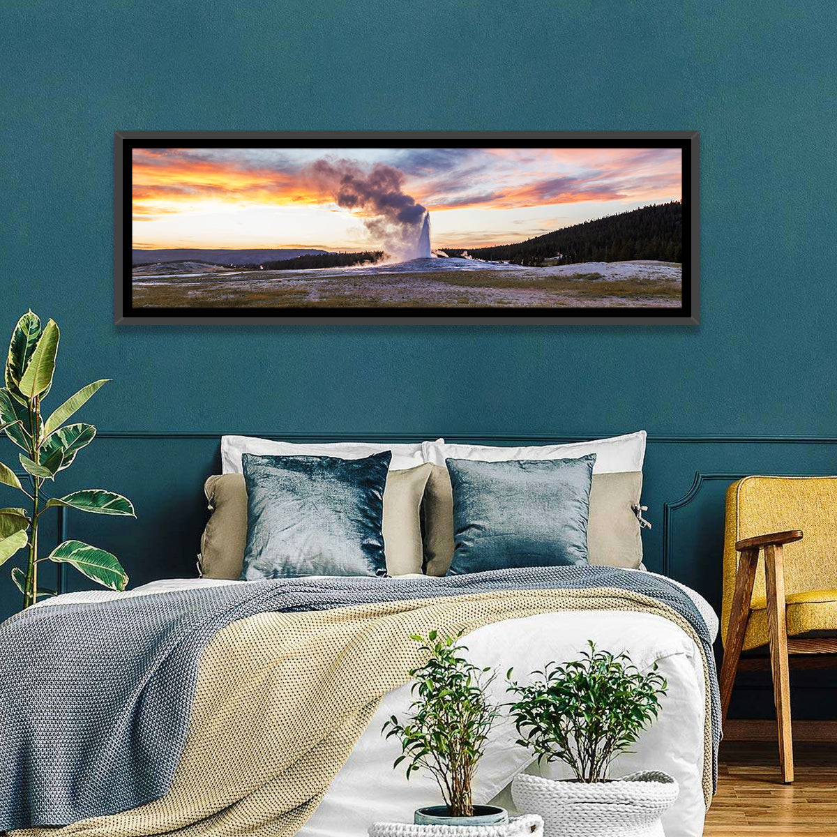 Old Faithful Erupting at Sunset Wall Art