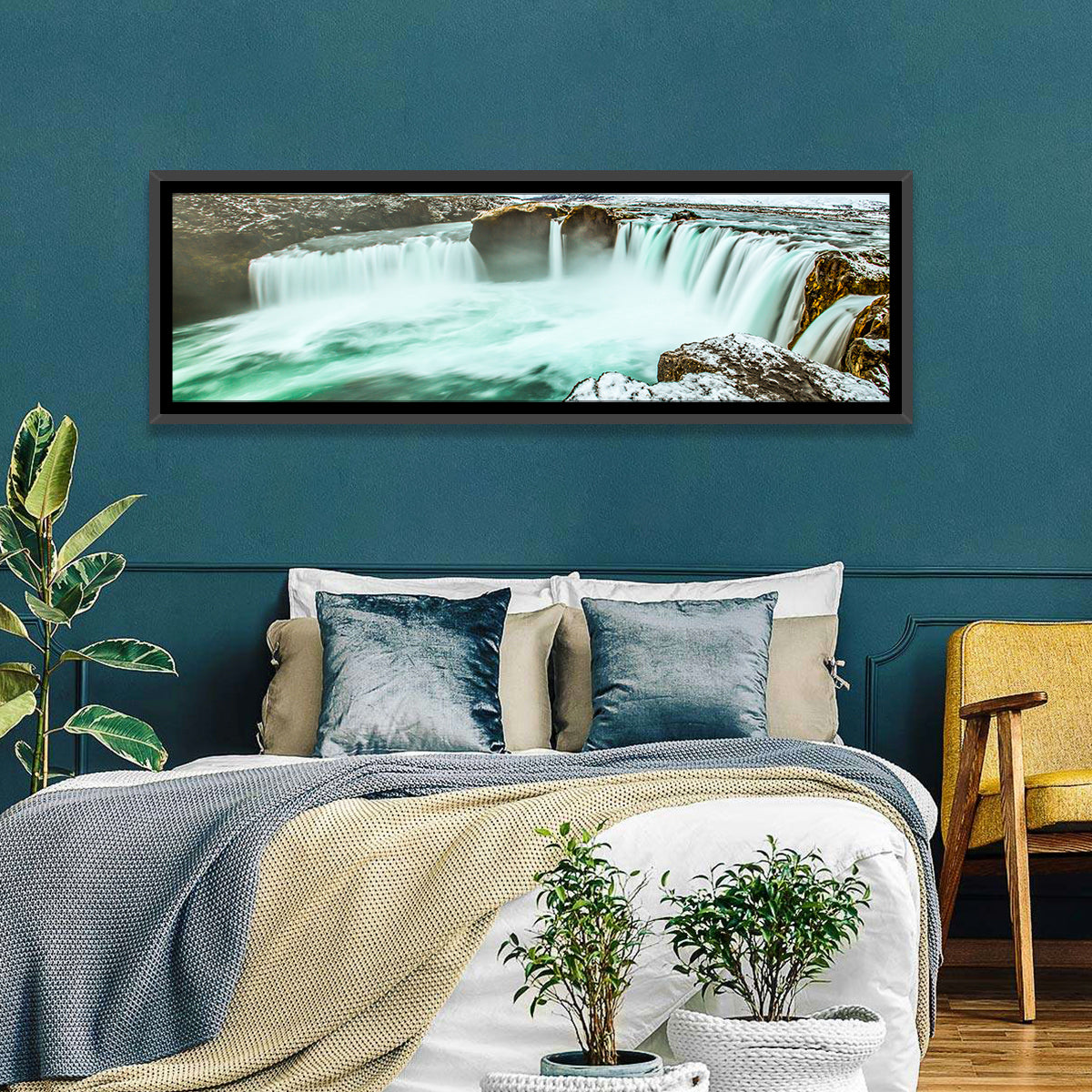 Goðafoss Winter Waterfall Wall Art in a room, panoramic
