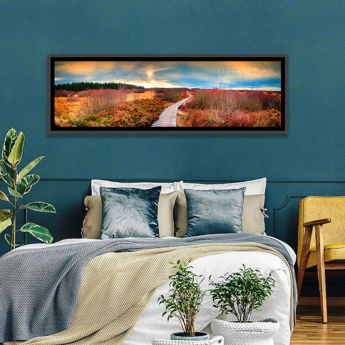 Autumn Heathland Boardwalk Wall Art in a room, panoramic