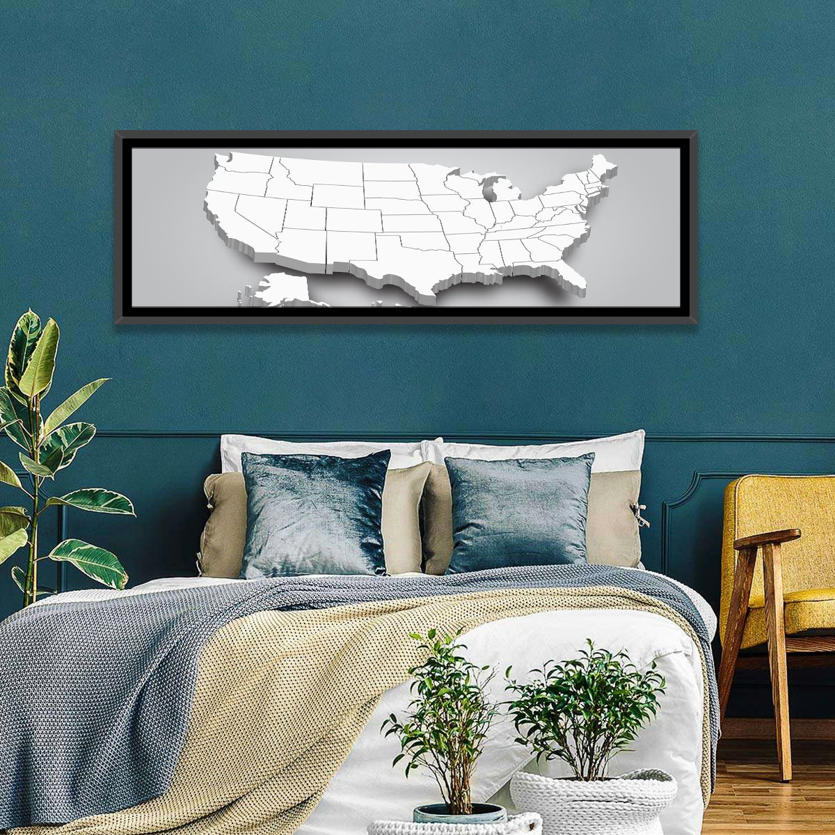 3d USA Map with Alaska and Hawaii Wall Art in a room, panoramic