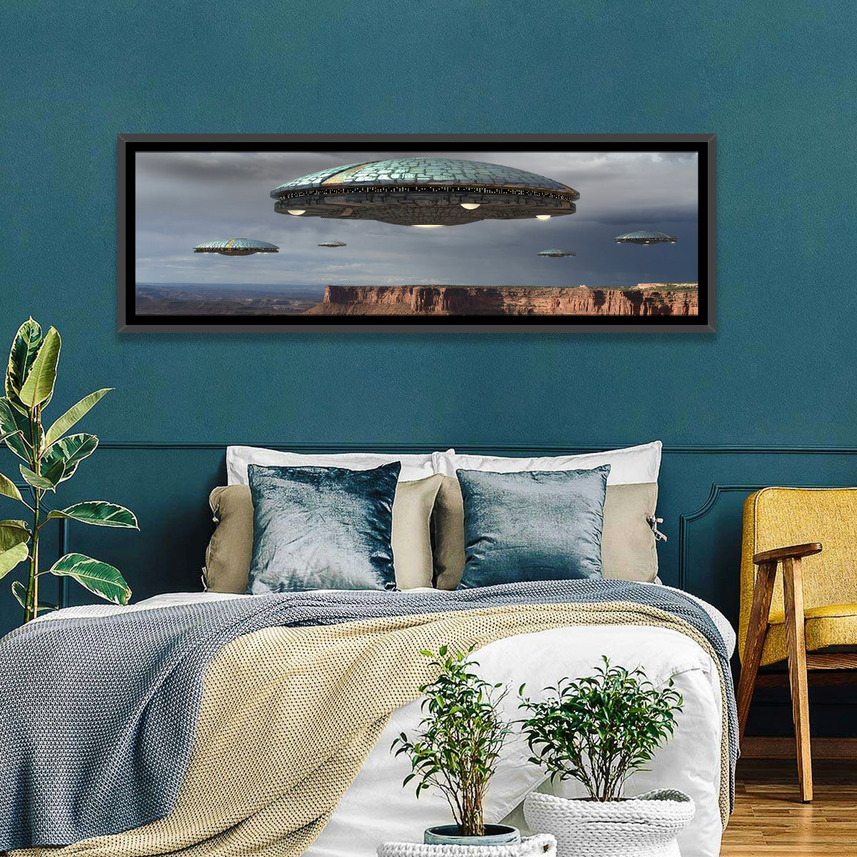 Ufos Over Stormy Canyon Wall Art in a room, panoramic