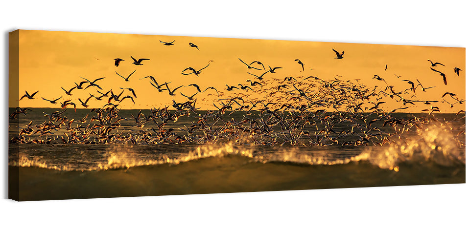 Seagull Flock at Golden Hour Wall Art, canvas print, panoramic