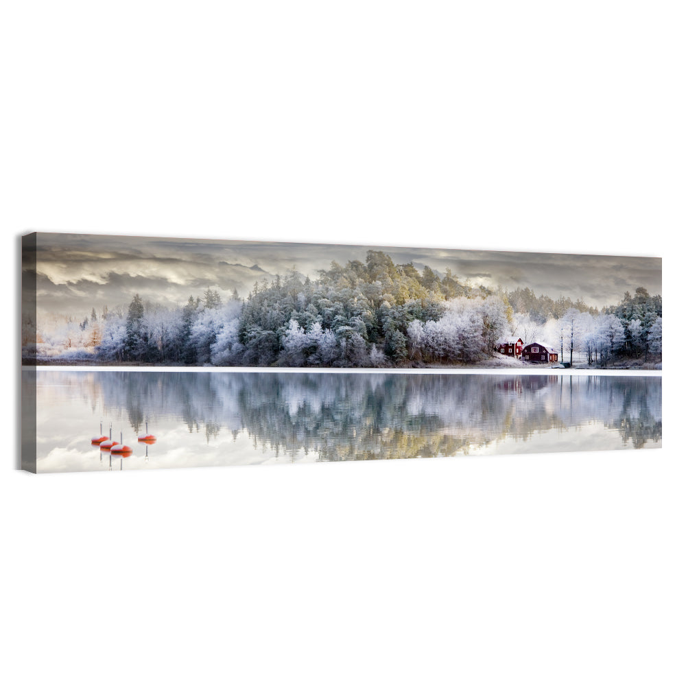 Red Cottage by a Frozen Lake Wall Art