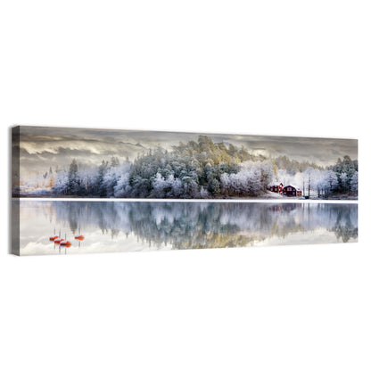 Red Cottage by a Frozen Lake Wall Art