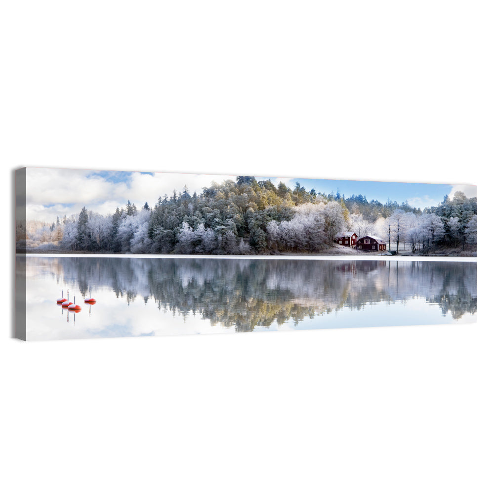 Red Cottages on Winter Lake Wall Art