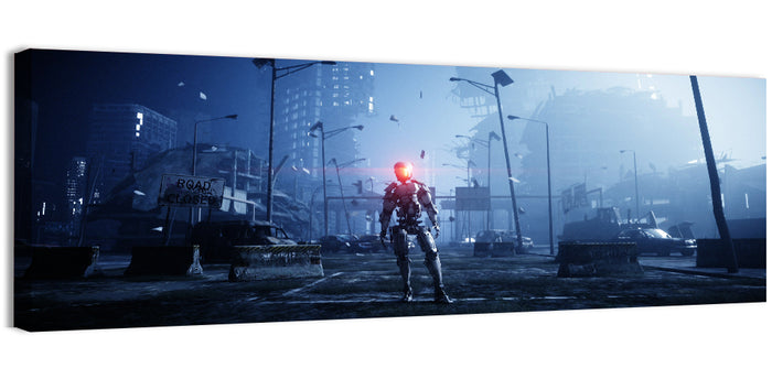Alien Robot in Ruined City Wall Art as a canvas print