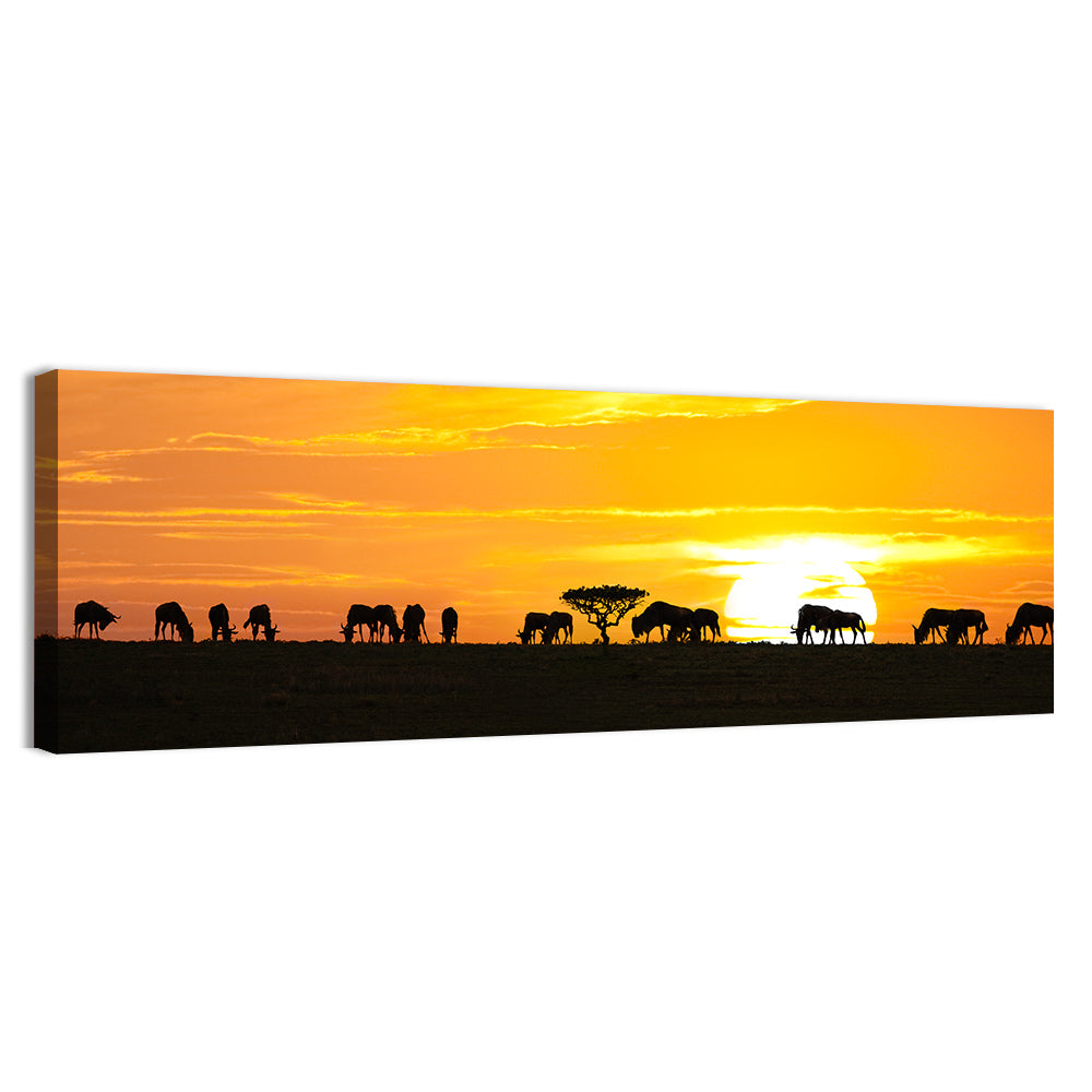 Wildebeest Silhouettes at Sunset Wall Art, canvas print, panoramic