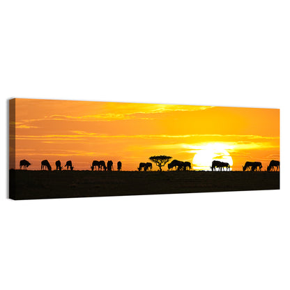 Wildebeest Silhouettes at Sunset Wall Art