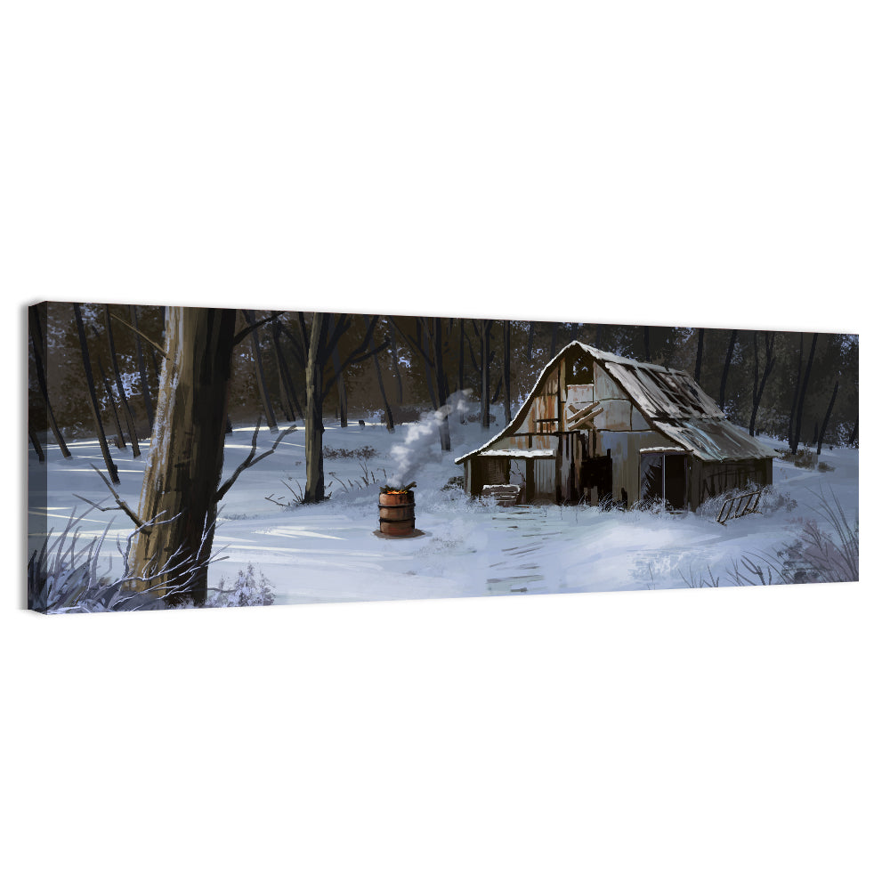 Snowy Barn in Winter Forest Wall Art, canvas print, panoramic