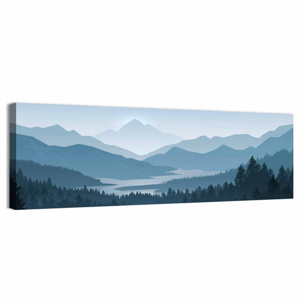 Misty Mountain Lake Silhouette Wall Art, canvas print, panoramic
