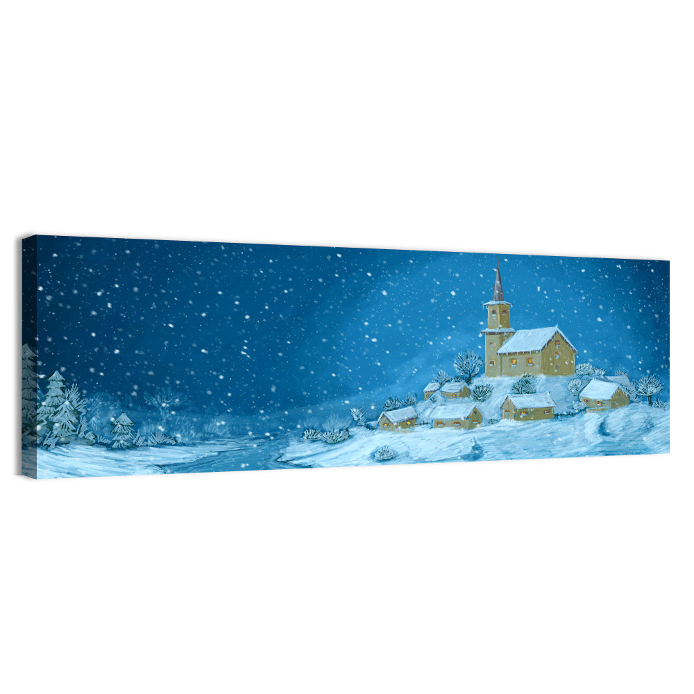 Snowy Winter Village Night Wall Art