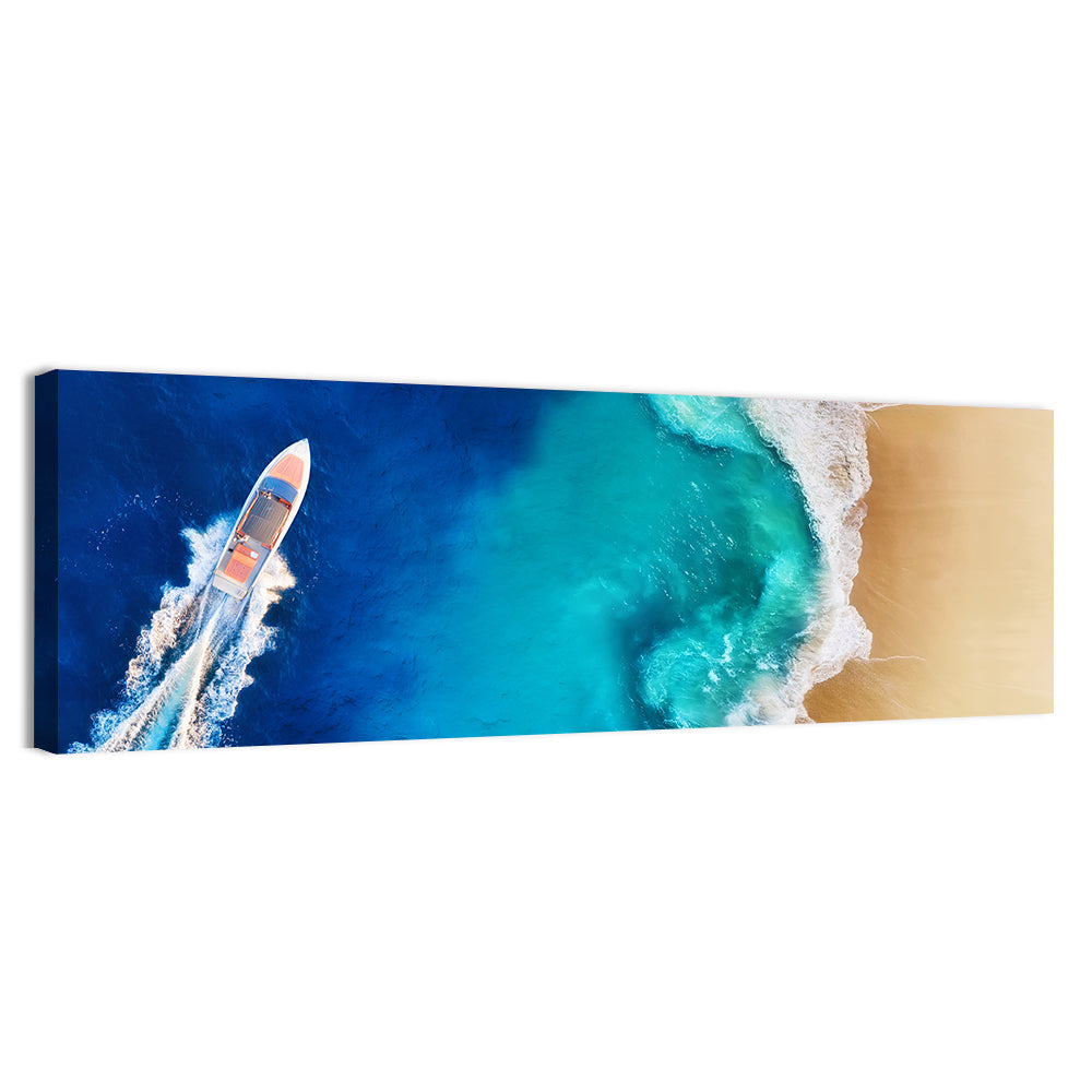 Speed Boat Over Turquoise Beach Wall Art, canvas print, panoramic