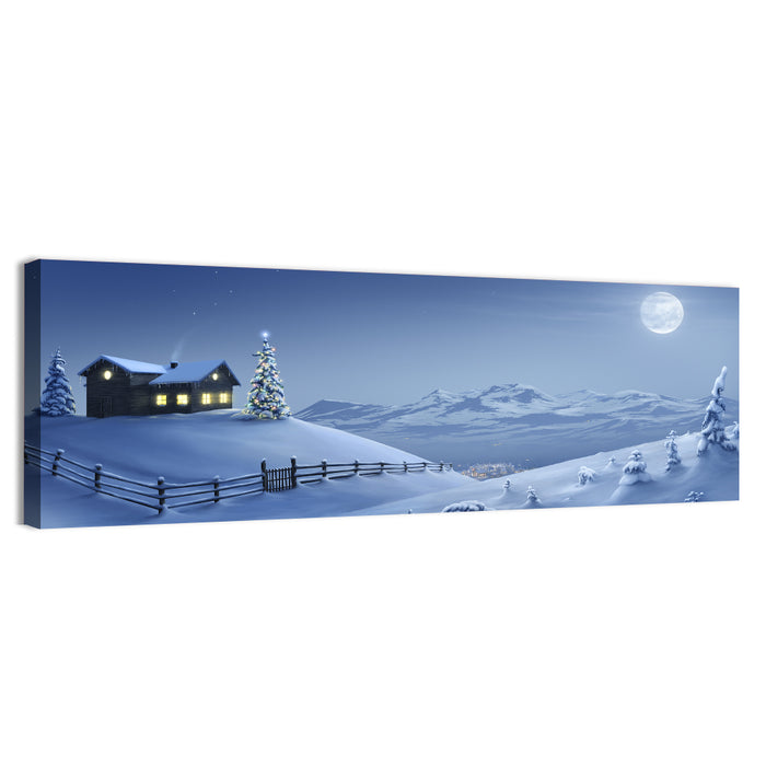 Snowy Mountain Cabin at Night Wall Art as a canvas print